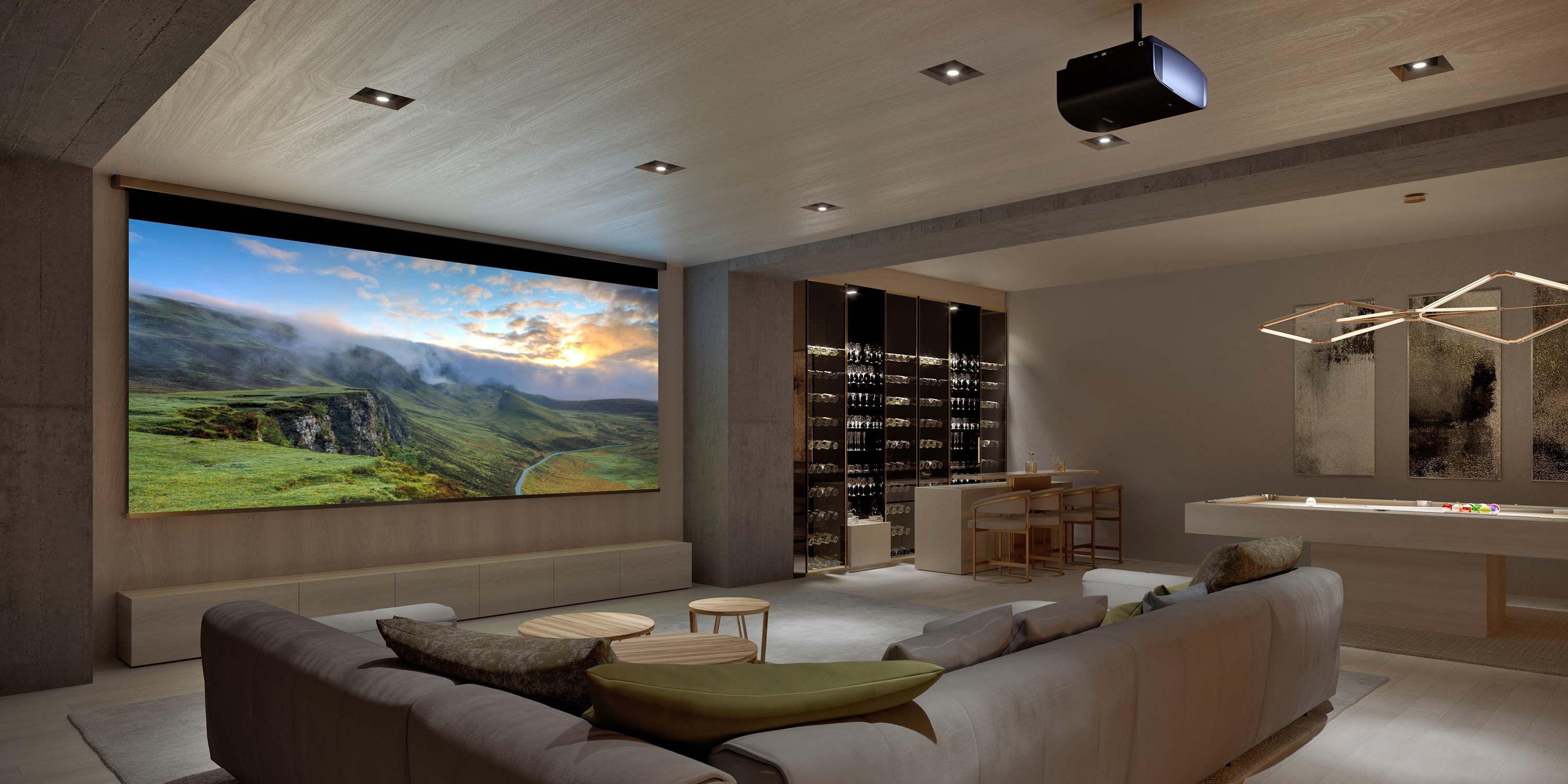 sony projector in a bar and game room with led lighting