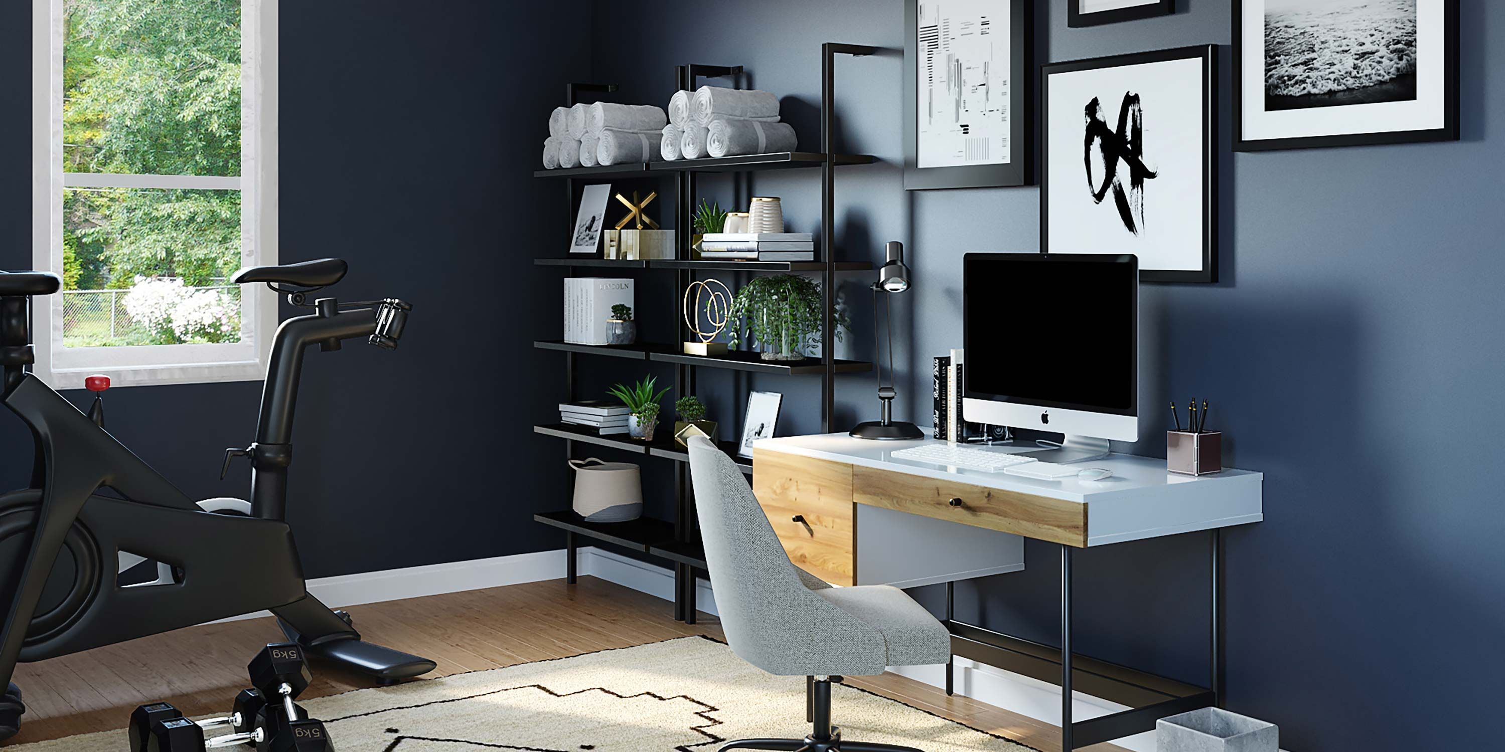 Home Office with blue walls and a macbook